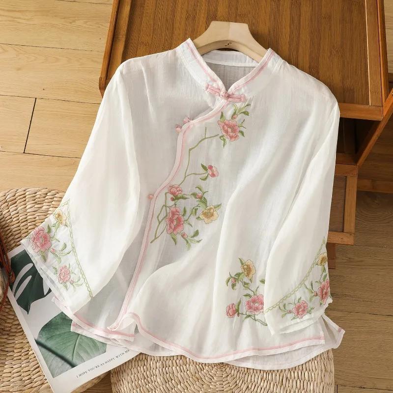 Cotton Linen Women's Shirt Summer Embroidery Chinese Style Blouses Vintage Short Women Tops Trend Loose Clothing