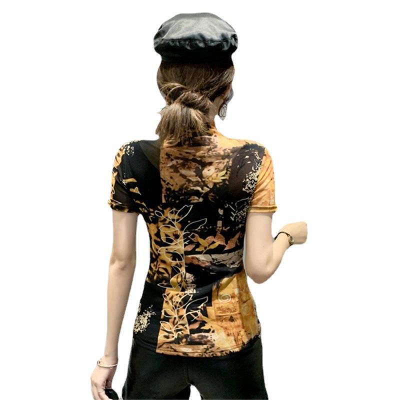 Mesh Hollow Short-sleeved T-shirt for Women's Spring and Autumn New Base Shirt Printed Top Sexy Half Turtleneck Shirt