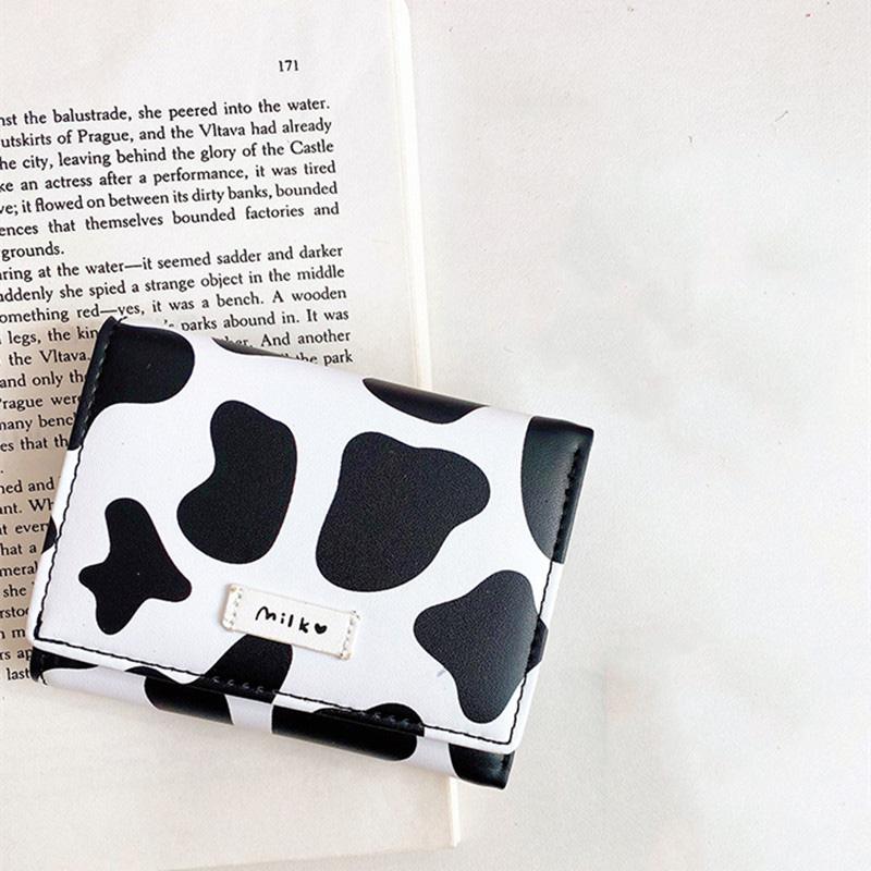 Women Cute Wallet Cow Print Pu Leather Business Card Holder Female Girl'S Coin Pouch Women Tri-Fold Cartoon Carteras Para Mujer