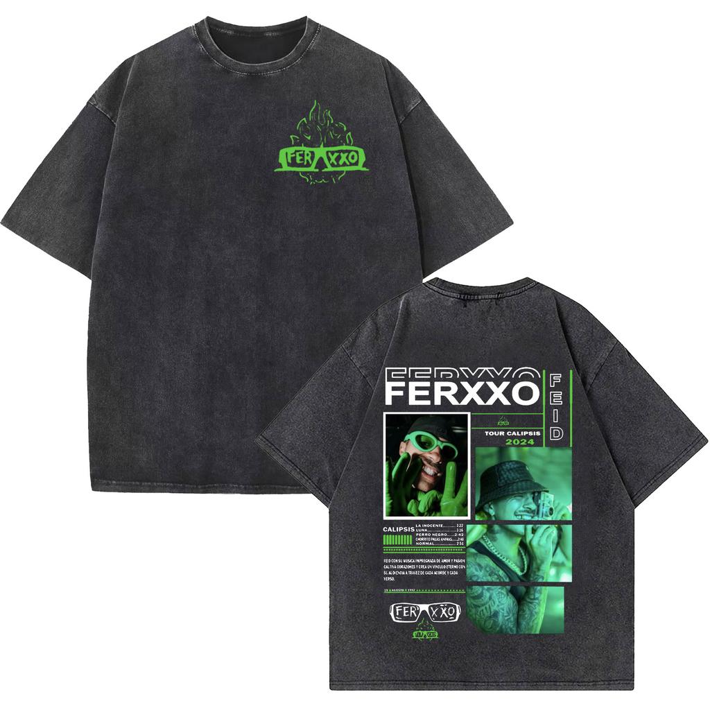 Rapper Feid Ferxxo World Tour  Vintage Washed Tee Shirt Mens Rock Hip Hop Gothic Short Sleeve Tshirts Men Women Streetwear