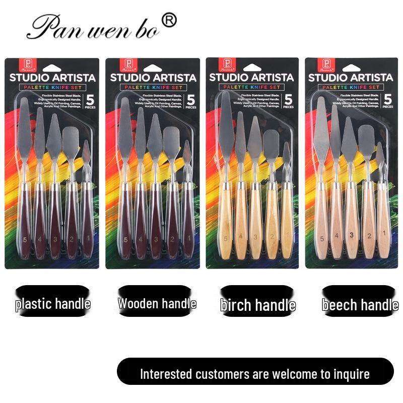 5-Piece Wooden Handle Palette and Painting Knife Set with Stainless Steel Blades