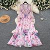 French holiday style floral print horn sleeve dress women's long sleeve lace-up waist A-shaped long dress elegant temperament