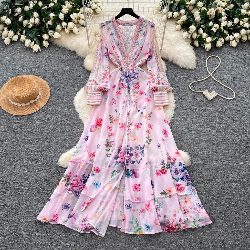 French holiday style floral print horn sleeve dress women's long sleeve lace-up waist A-shaped long dress elegant temperament