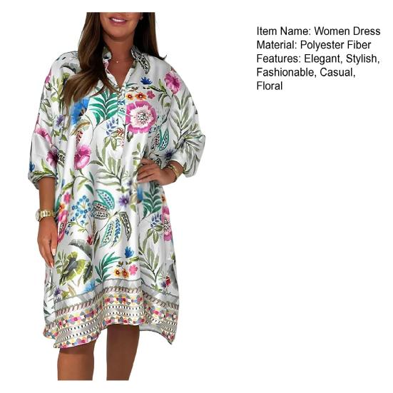 Women's Plus Size Boho Dress Floral Print Short Sleeved Button Up V Neck Dress Knee Length Summer Casual Shirt Dress