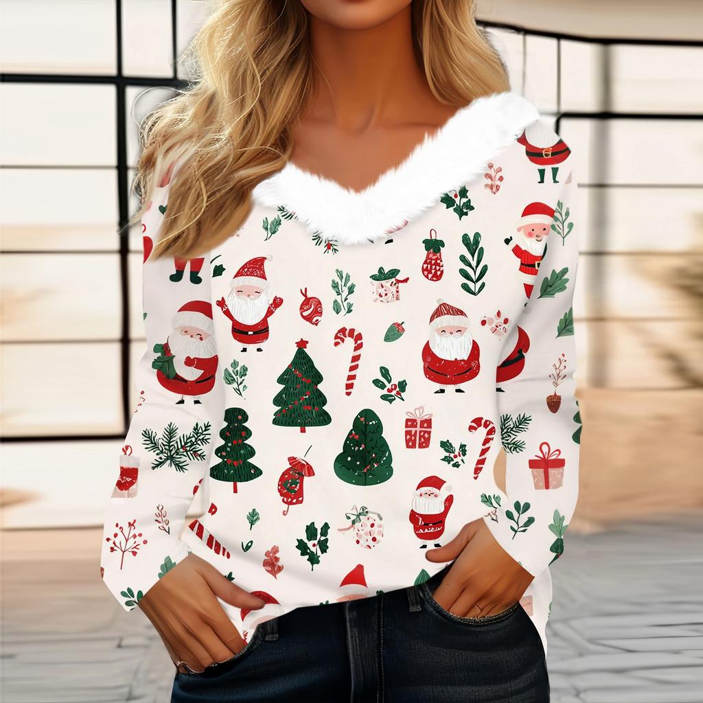 Damen T-Shirt mit Weihnachtsaufdruck, langärmelig, Party, Weihnachten, Fleecekragen, V-Ausschnitt