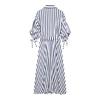 Spring and summer new European and American style fashion break long-sleeved lapel striped belt long dress
