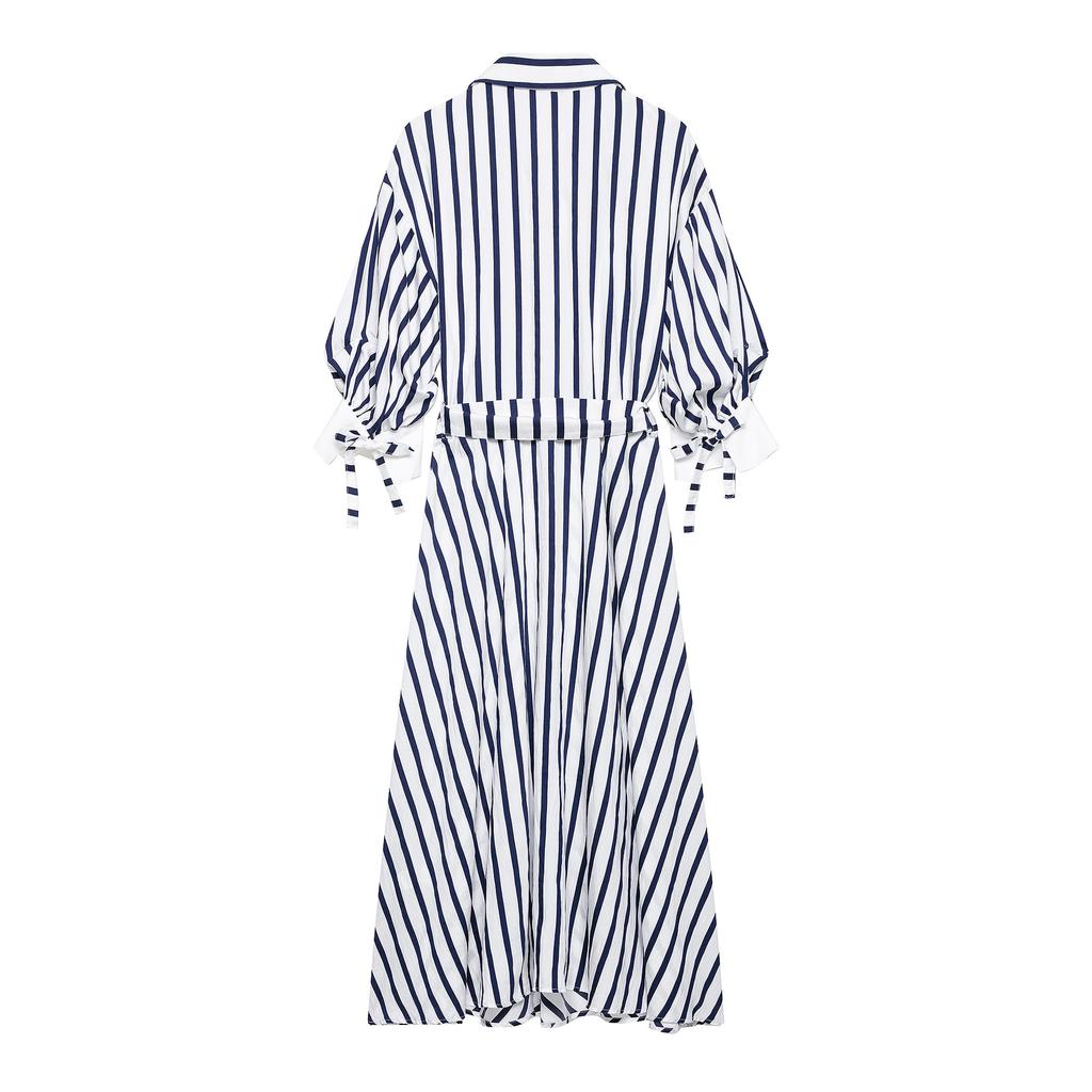 Spring and summer new European and American style fashion break long-sleeved lapel striped belt long dress