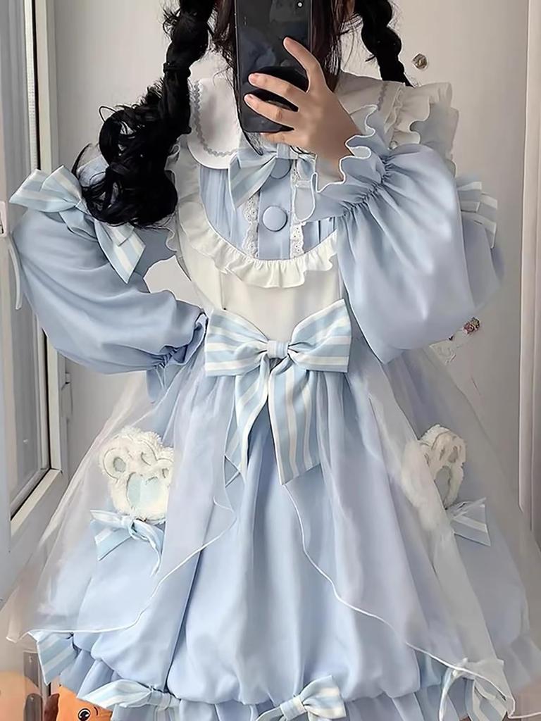 XHSUKADO Lolita Long with Flared Dreamy Cute Cat Claw Big Ruffle School Cultural Size M Women's Dress, Sleeves, Sleeves, Ribbon, Accessory, Collar,