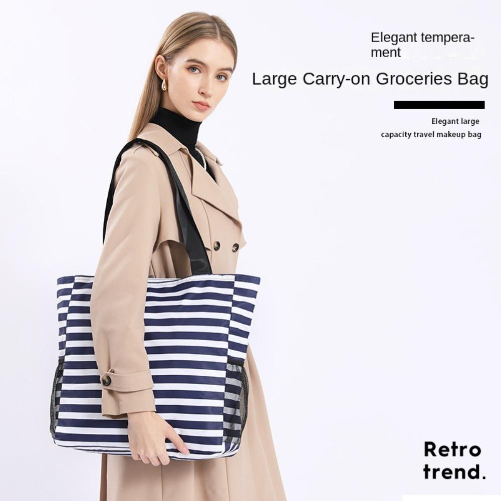 Foldable Women Tote Shoulder Bag Large Capacity Beach Grocery Bag Striped Handbag  Travel Bag