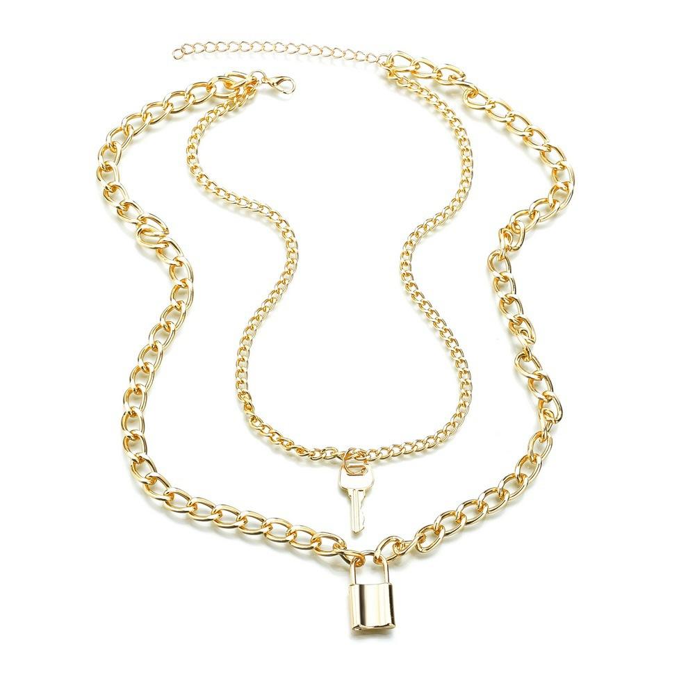 Creative geometric element necklace, retro key lock pendant necklace women