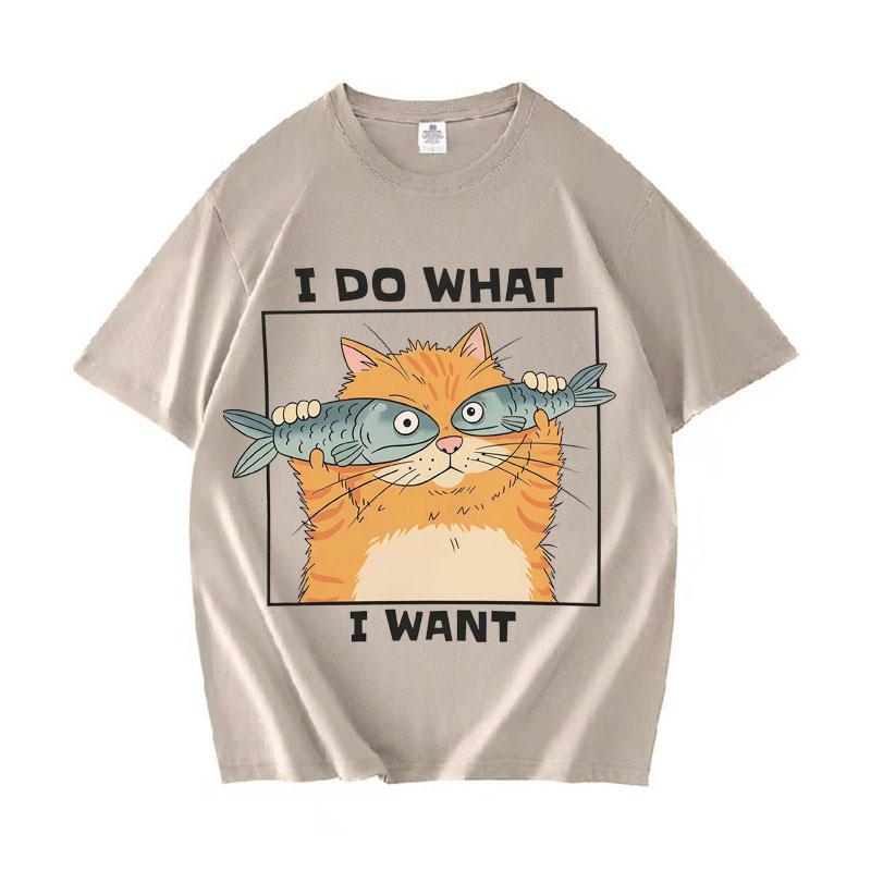 Funny Cat Holding Fish I Do What I Want Print Women Cotton Teenagers Short Sleeve Tee Shirt Summer Daily Street Casual Loose Tee