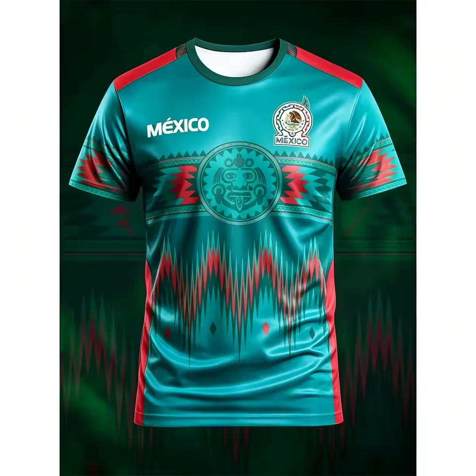 Men Mexico National Soccer Jersey Aztec Tribal Pattern 3D Print Short Sleeve Football Shirt Breathable Sport Fan Training Tops