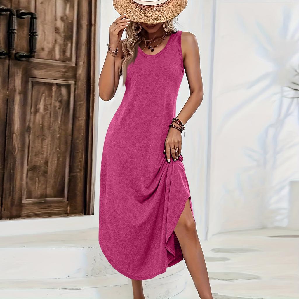 Ärmelloses lässiges Midi-Kleid in einfarbiger Ausführung mit lockerem Schnitt und seitlichem Schlitz, bequemes Sommerkleid für Damen