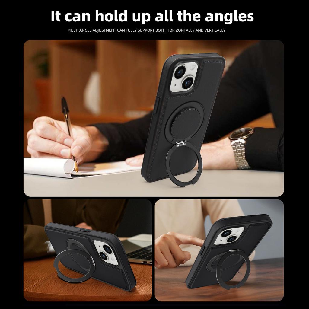 Etui do iPhone 14 Plus z pierścieniem i podstawką, kompatybilne z MagSafe, tylna okładka ze skóry PU