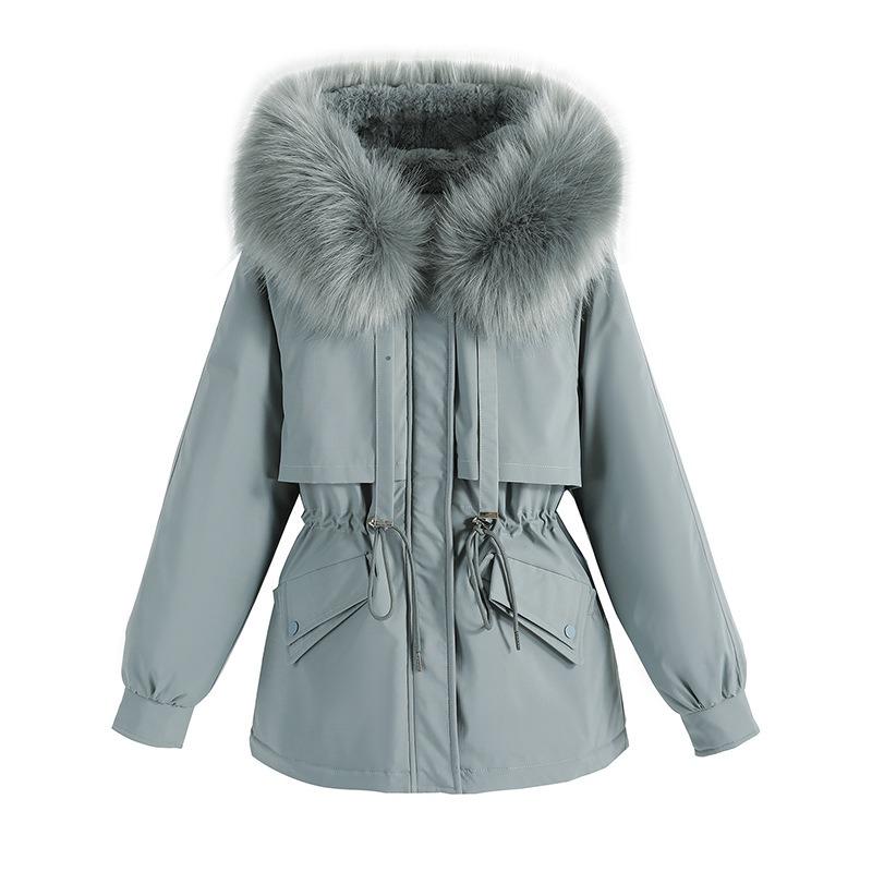 Women's Winter Fur Collar Loose Hooded Drawstring Piled Thickened Pie Thin Coat Women's Versatile Windproof