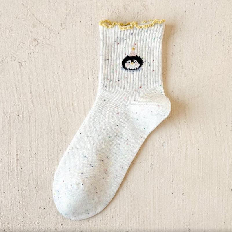 Polka Dot Panda Embroidery Cotton Mid-Calf Socks - Cute Japanese Style for Spring and Autumn
