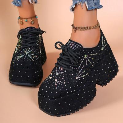Fashion Autumn New Thick Heel Shoes Women's Fashion Square Head Front Lace-up Full Drill Thick Sole Temperament Sneakers
