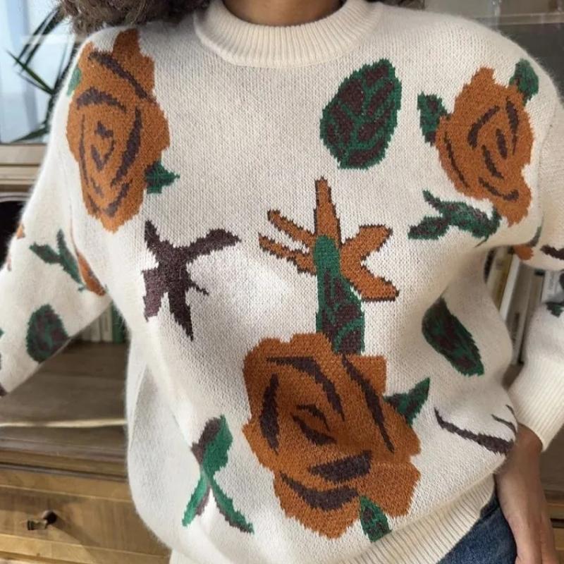 Зимний женский свитер бордового цвета с круглым вырезом, теплый женский свитер оверсайз с цветами, трикотажный топ с длинными рукавами M белый