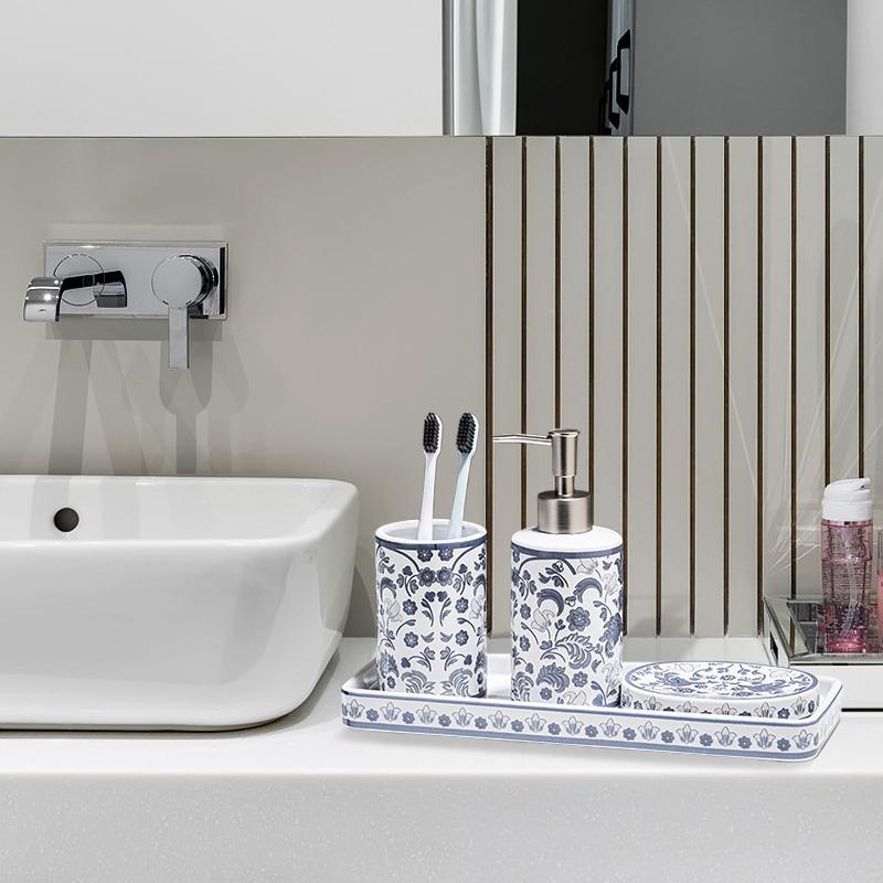 4pcs/set Floral Pattern Bathroom Refillable Liquid Soap Container Creative Ceramic Wash Set Accessories
