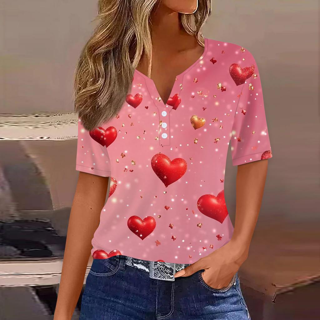 Damen T-Shirt Tee Print Knopf Kurzarm Täglich Wochenende Mode Basic V-Ausschnitt Regulär Oberteil Valentinstag
