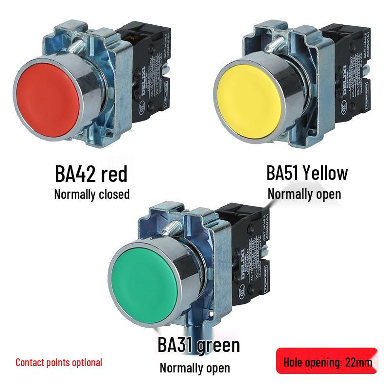 DELIXI LAY5S-BA Flat Button Switch: Self-Reset Red (BA45), Green, Yellow Metal Button (BA35)