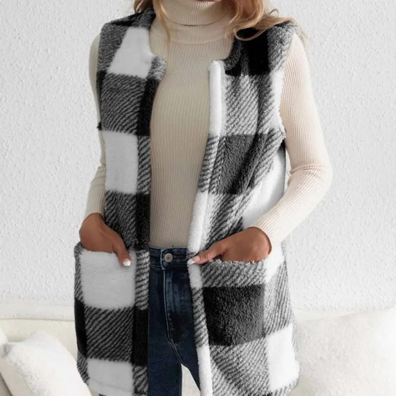 Women's Plaid Open Front Cardigan Oversized Knit Sweater Coat Casual Longline Jacket