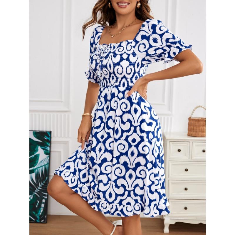 YYFS Damenmode Sommer Frühling Kurzarm Quadratischer Kragen Hohe Taille Freizeitkleider