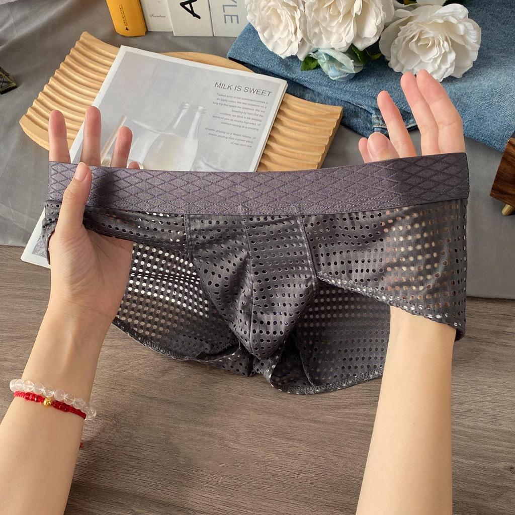 Men's Ice Silk Mesh Breathable Low Waist Briefs with Wide Waistband