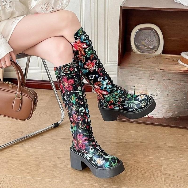 Móda Vysoké kozačky Šněrování vpředu Kulatá špička Dámské Podzim Zima Nové Blokový podpatek Římské Dámské Vysoké kozačky