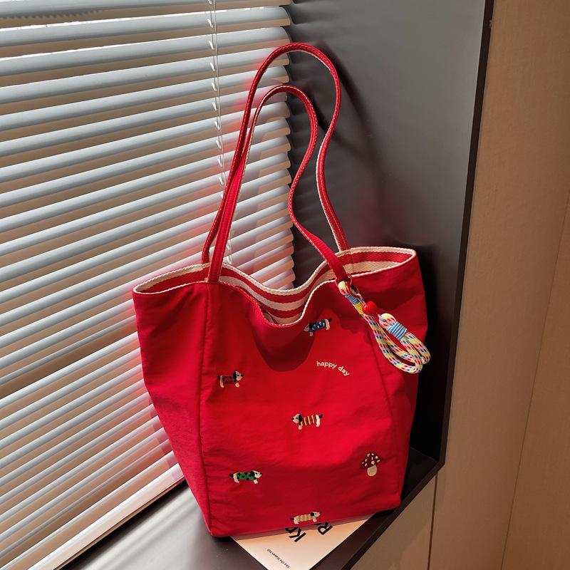 Women's Nylon Cartoon Puppy Embroidery Single Shoulder Tote Bag with Pendant, Striped Double-Sided Design