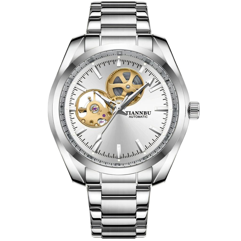 Gold Automatic Mechanical Watch for Men Luxury Skeleton Stainless Steel Waterproof Luminous Business Dress Wristwatch