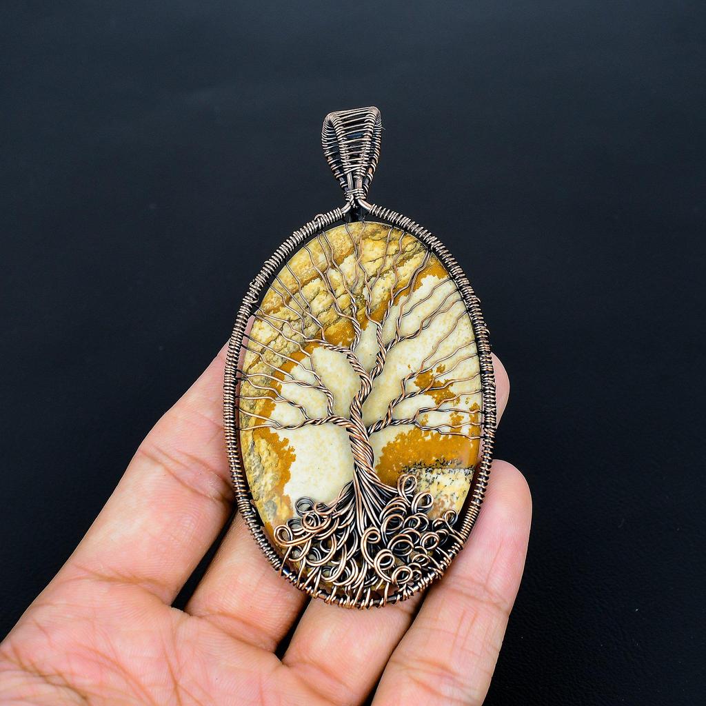 Picture jasper Pendant, Handmade Gemstone 999 Copper Wire Wrap Tree Of Life Pendant Antique Jewelry, For Gift Copper Jewelry
