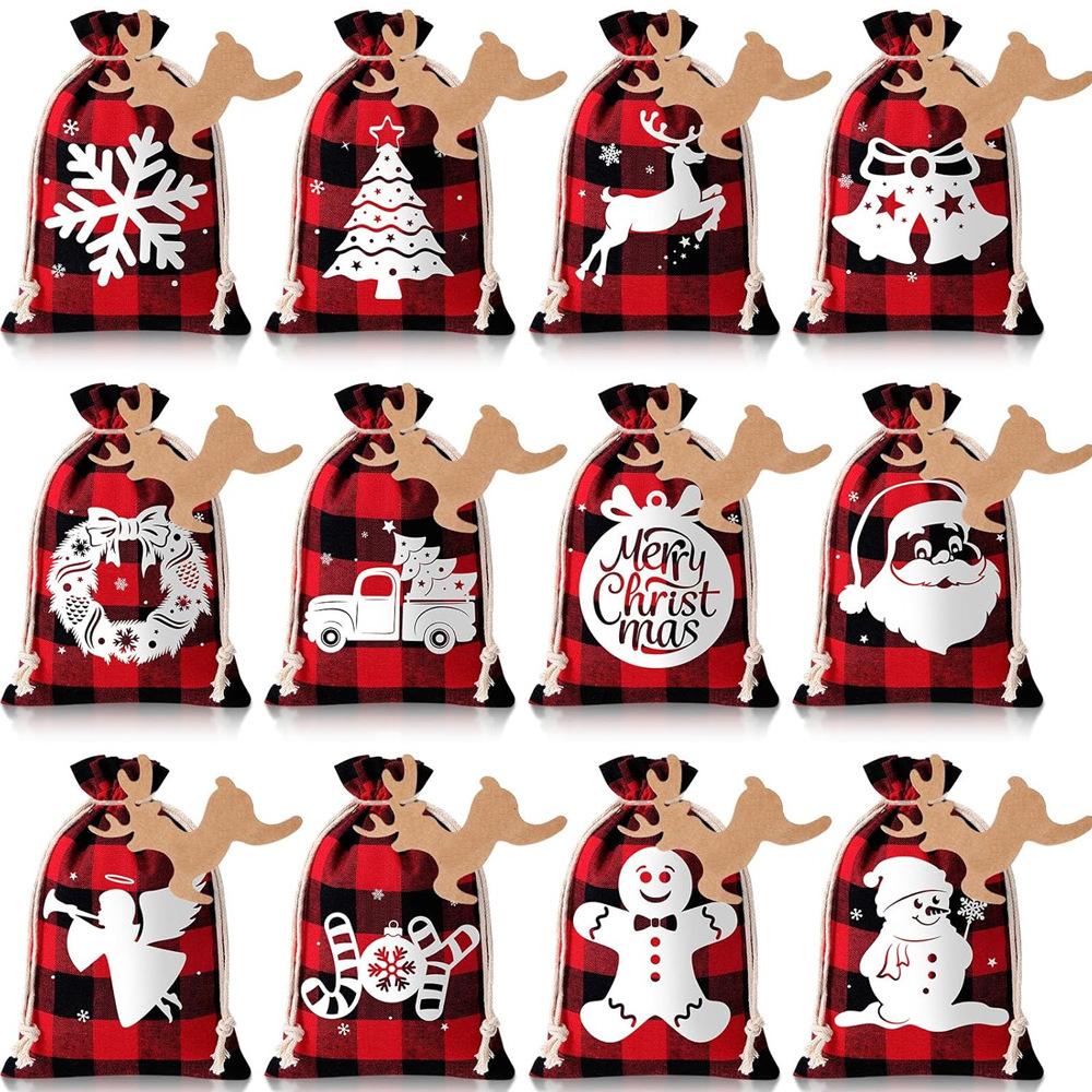 12pcs Christmas Gift Bag Set with Drawstring Closure Christmas Linen Bag Cloth Bag Christmas Candy Bag