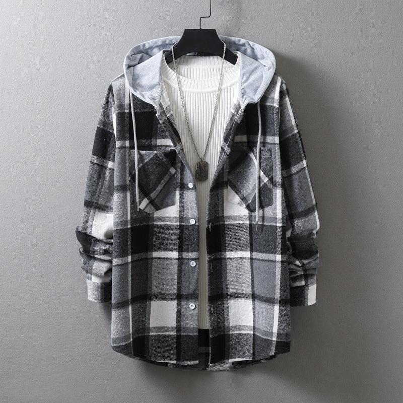 New Japanese Casual Men's Hooded Plaid Loose Polished Long-sleeved Shirt Small Coat Men
