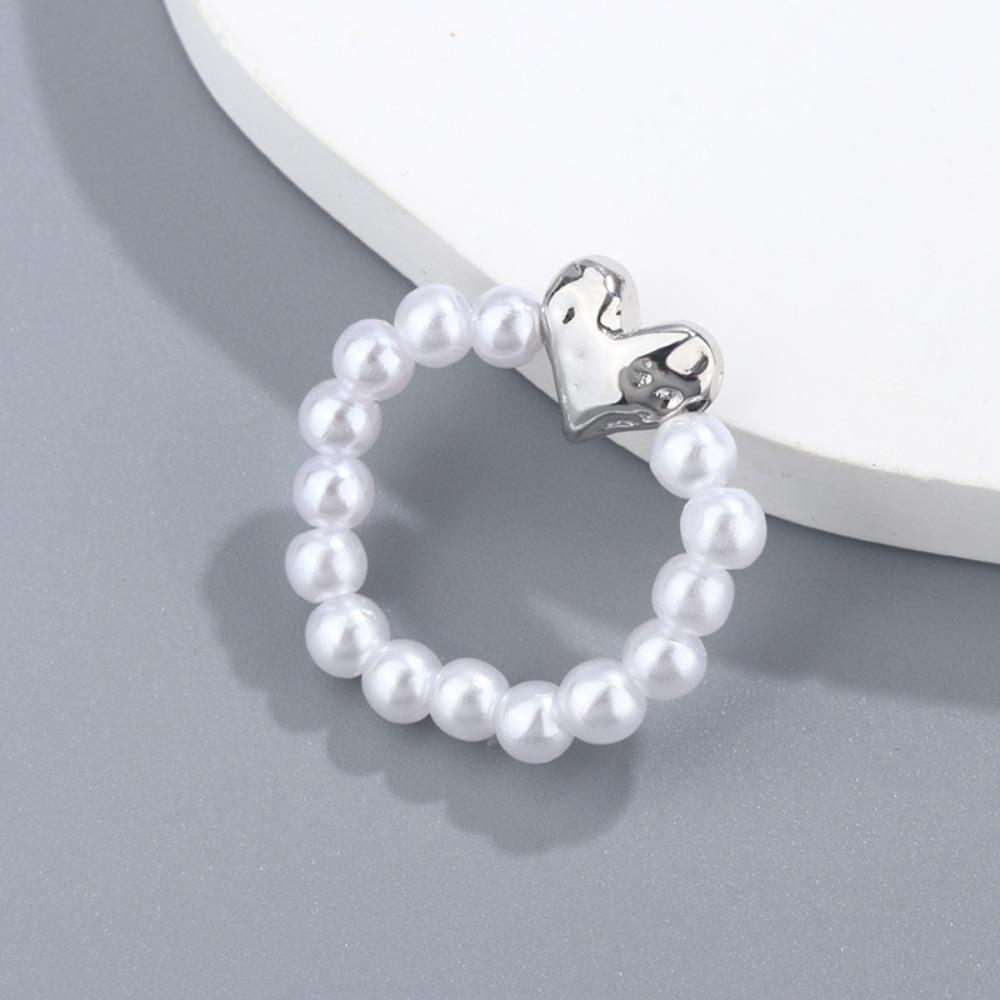 

Korean Style Heart Shape Imitation Pearl Ring Adjustable Elastic Index Finger Ring for Women Wedding Gift Simple Jewelry серебряный