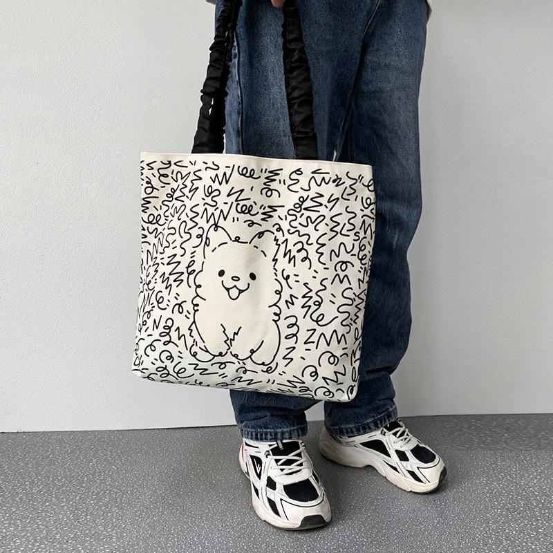 Geantă de umăr pânză drăguță cu pisici și câini pentru femei - Geantă tote artistică de vară cu imprimeu de desene animate, capacitate mare pentru studenți