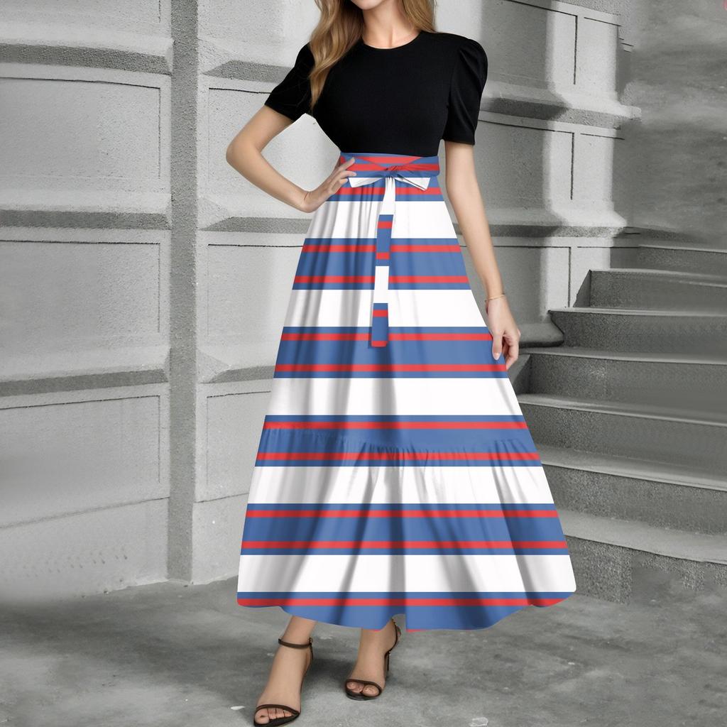 Women's Fashion Casual Belt Short Sleeve Round Neck Print Stitching Elegant Temperament Dress