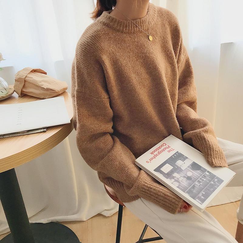 Fashion Solid Long Sleeve Women's Sweaters Autumn and Winter Retro Pullovers Knitted Sweater Ladies Elegant Round Neck Soft Warm Jumpers Tops 25563