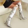 Western High Boots for Women 2024 Winter Knee High Boots Pointed Pink Blue Silver Heels Casual Long Shoes Female Large Size