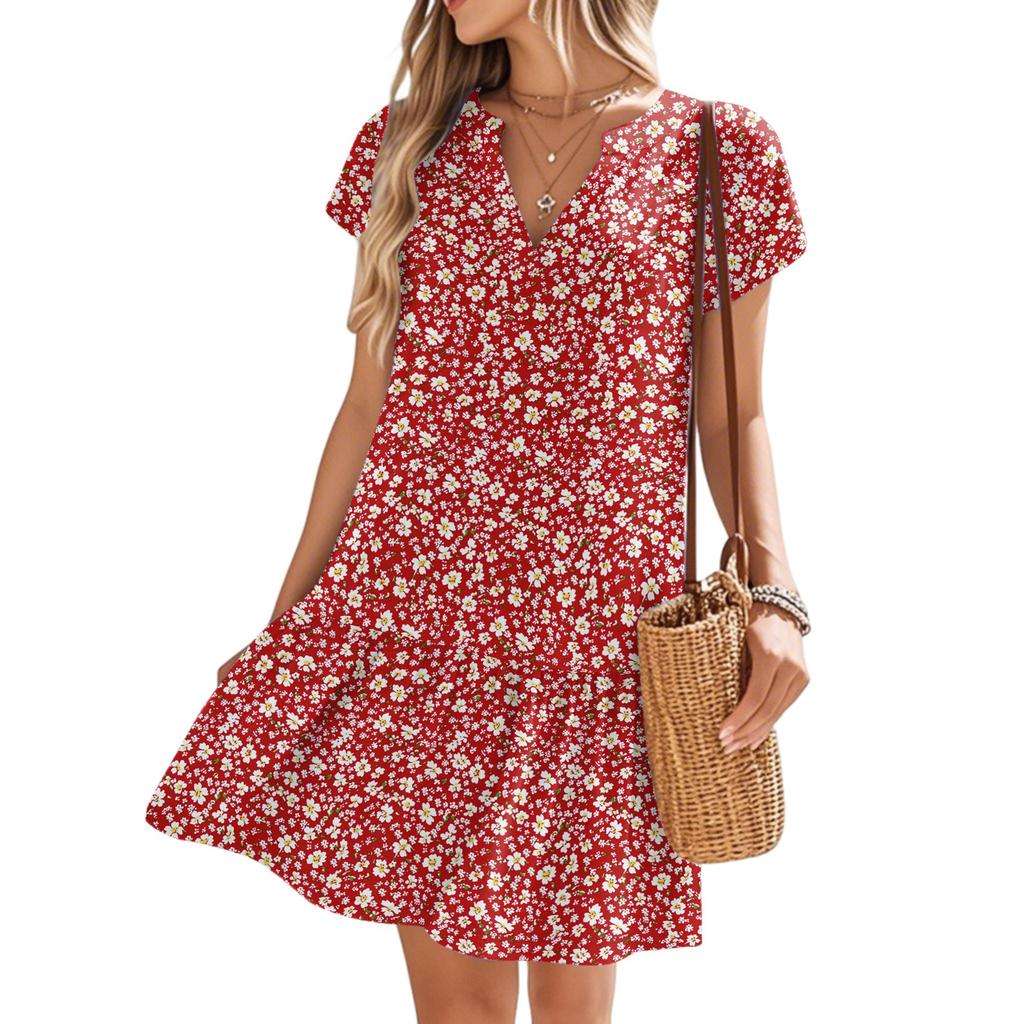 Women's Dresses Short Sleeve V-Neck Floral Printed Loose Casual Temperament Beach Dresses