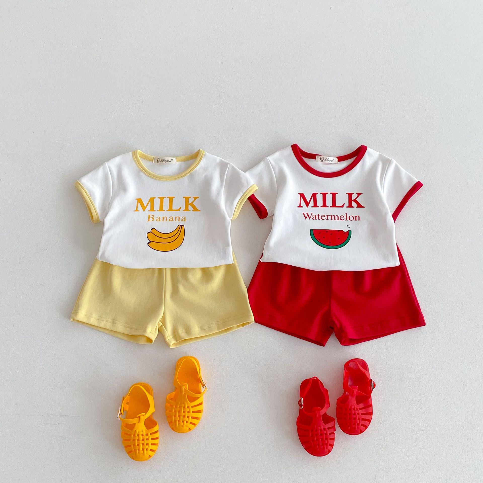

2024 Summer Korean Style Kids Cotton Fruit Letter Print Shorts Set 80cm