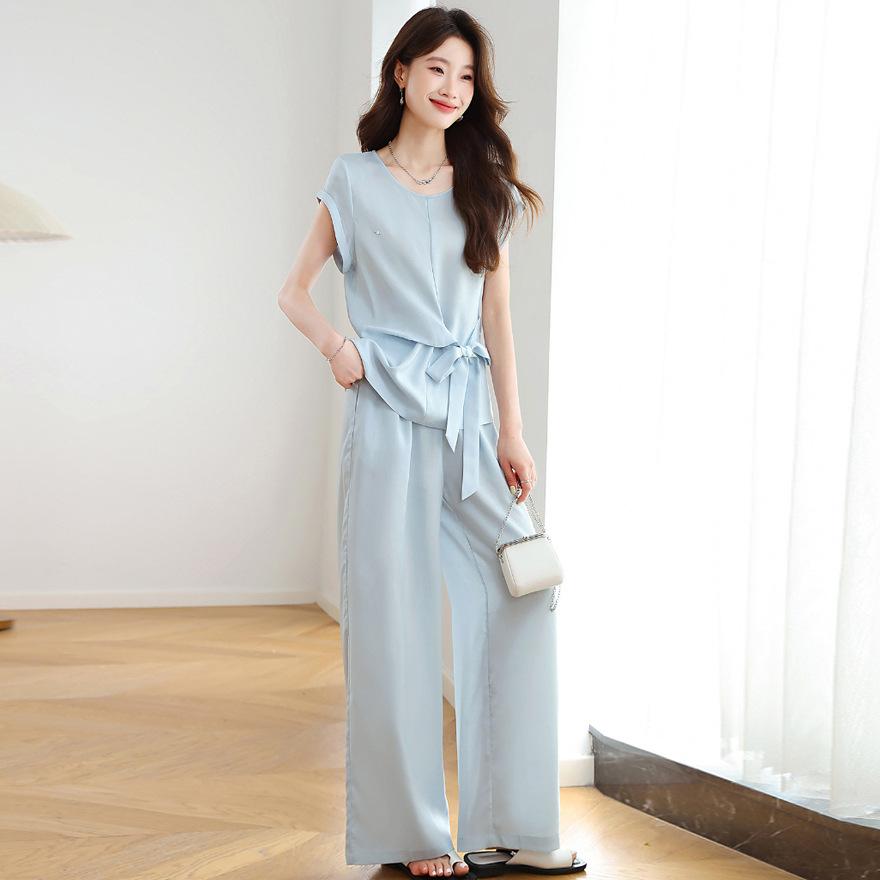 

Модный костюм в стиле королевской сестры женский новый дизайн чувство шнуровка на талии безрукавный жилет + брюки широкие от бедра комплект из двух предметов XXL синий