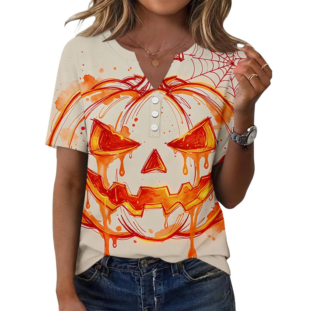 Women's Casual V Neck Short Sleeve Button T Shirt Halloween Print Top Relaxed Fit Lightweight Soft Fabric