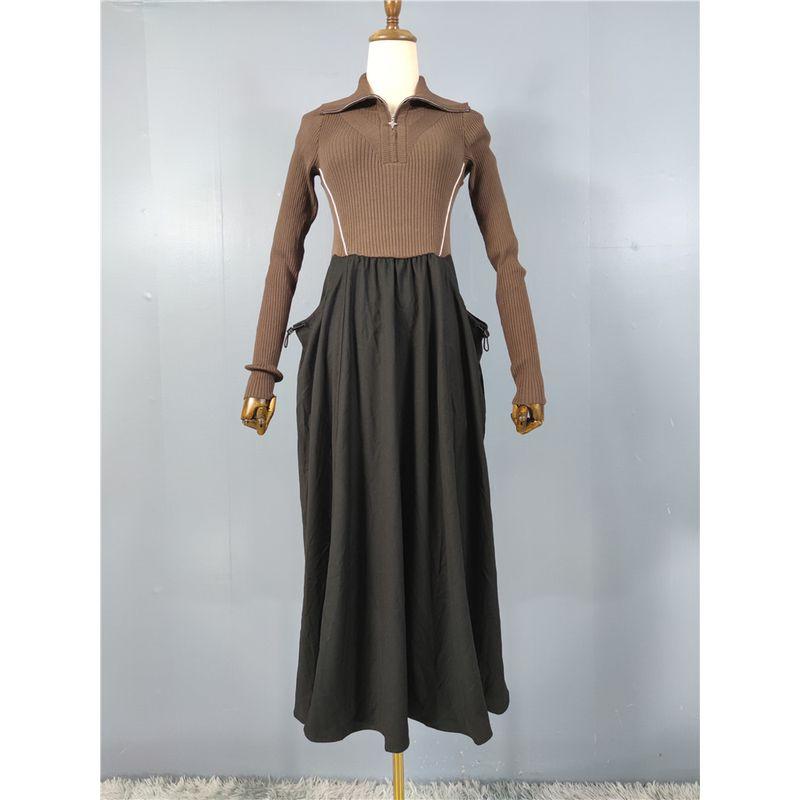 

Single Ol Home Fashionable Temperamental All-Match Fall and Winter New Arrival Knitting Stretch Long Sleeve Large Swing Elegance Color-Matching Dress Black and Brown M