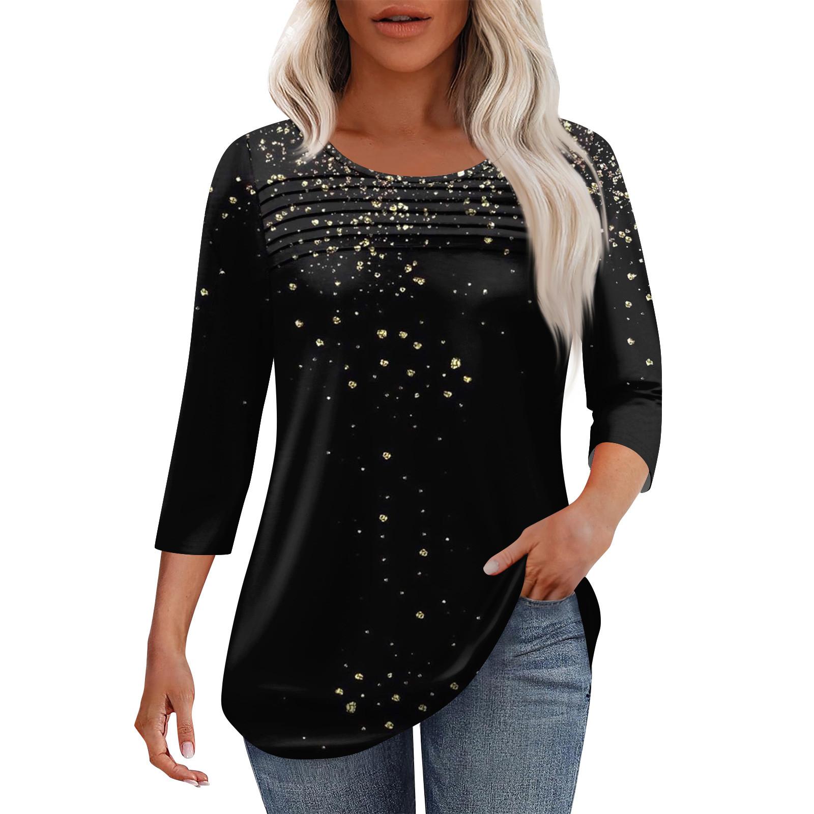 

Женская мода круглый вырез горловины плиссированная передняя планка топ рукав 3/4 M чёрный