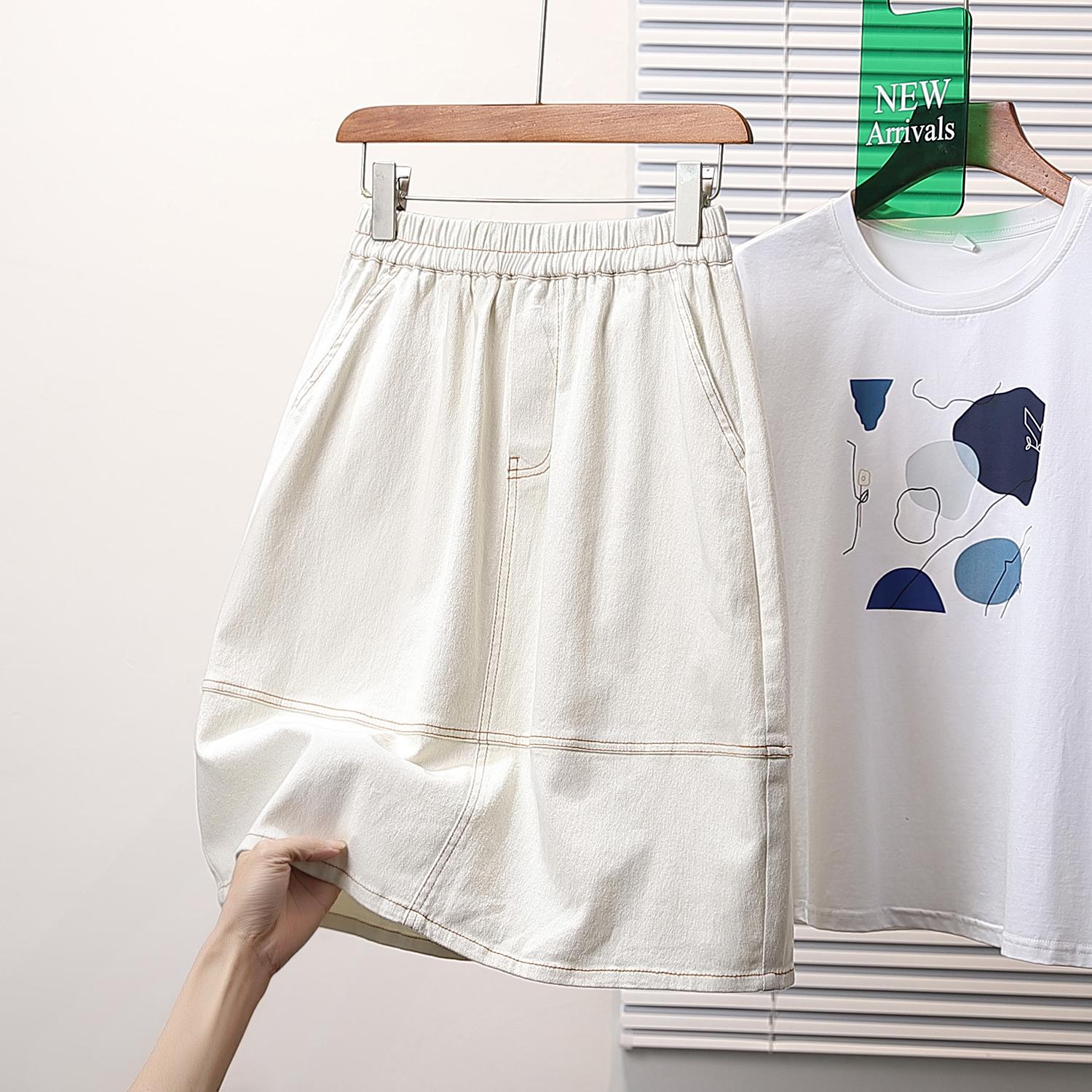 

Dimanaf 2025 Плюс Размер Лето Эластичные Джинсовые Юбки Женская Мода Свободная Юбка Высокая Талия А-силуэта Винтаж Макси 4XL бежевый