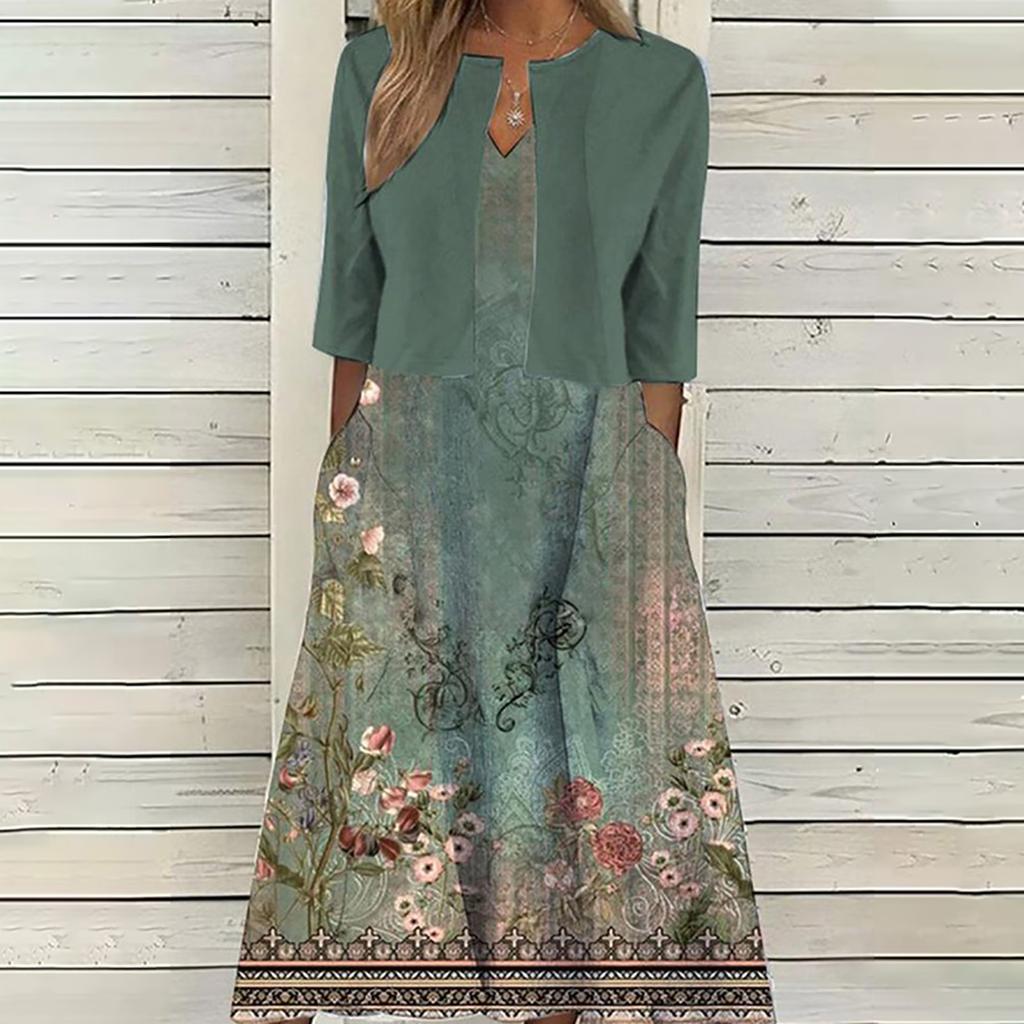High Quality Women Summer Floral Print Two Piece Dress Set Short Sleeve Outfits
