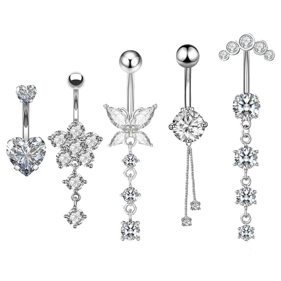 7Pcs Silver Dangle Hypoallergenic Stainless Steel Belly Rings for Women CZ Floating Clicker Flower Butterfly Navel Piercing 1.6*10mm серебряный