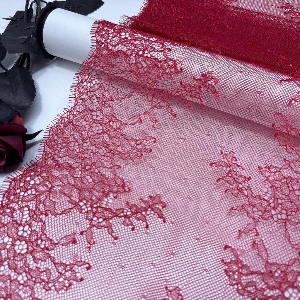 3m x 23cm French Chantilly Lace, Non-stretch Dark Red Eyelash Lace Fabric for Bra, Underwear, Lingerie, Dress, Garment, Sewing & Crafting