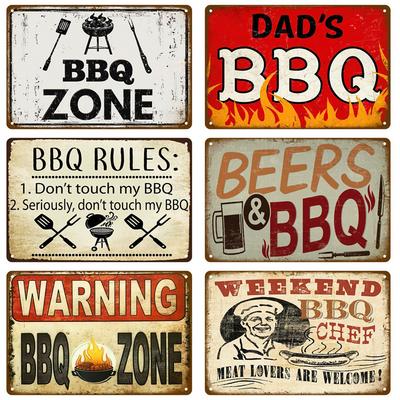 Vintage Tin Sign Dad`s BBQ Yard Outdoor Party Decoration BBQ Zone Metal Sign Plate Retro Barbecue Rules Slogan Decor Accessor